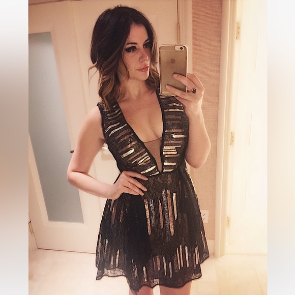 BCBG Dresses & Skirts - BCBG Black and Gold Sequin Lace Dress NWT